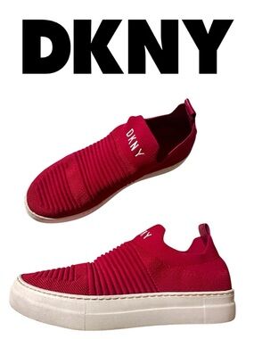 DKNY Brit-Slip On Sneaker Ribbed Knit Red Tennis Shoe Logo White Women's 8.5